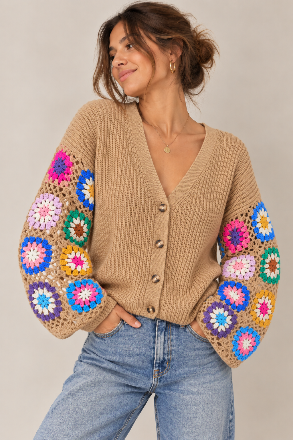 GILET EN MAILLE À MANCHES CROCHET MULTICOLORES CAMEL