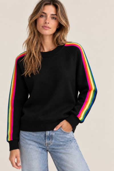 PULL EN MAILLE À BANDES MULTICOLORES NOIR