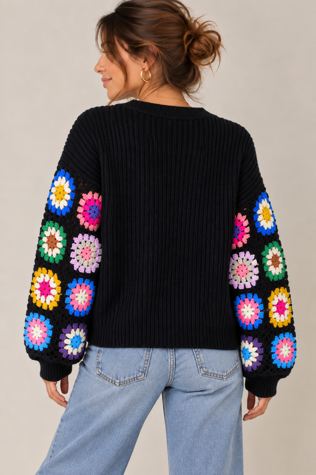 GILET EN MAILLE À MANCHES CROCHET MULTICOLORES NOIR – Image 2