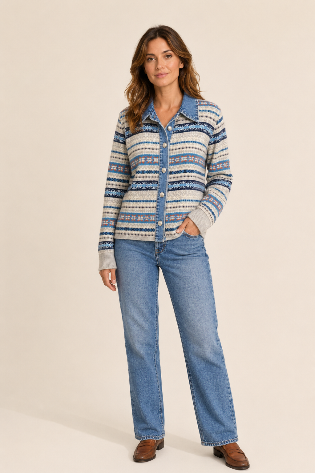 GILET EN MAILLE À MOTIFS ET DENIM – Image 3
