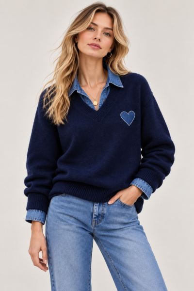 PULL COL V EFFET CHEMISE DENIM & CŒUR MARINE