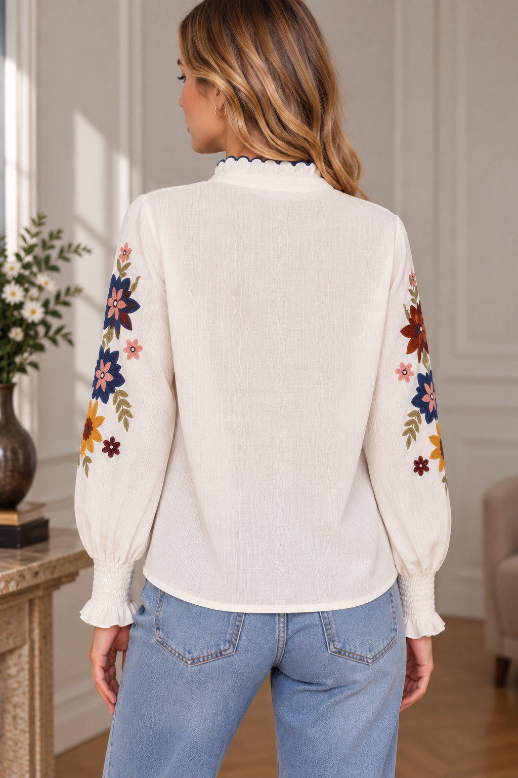 CHEMISIER BRODÉ EN VISCOSE BLEU – Image 2