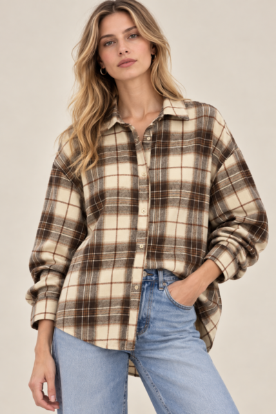 Chemise oversize à carreaux en coton camel