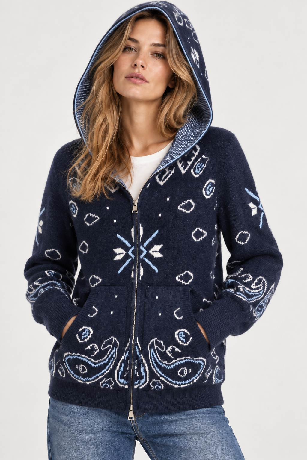 GILET À CAPUCHE ZIPPÉ IMPRIMÉ BANDANA MARINE