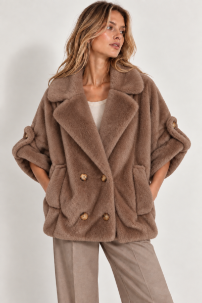 VESTE FOURRÉE EFFET FOURRURE – MANCHES 3/4 TAUPE