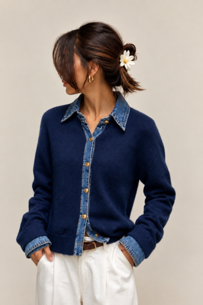 GILET EN MAILLE BOUTONNÉ À DENIM MARINE