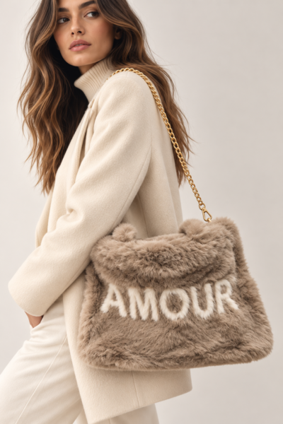 Sac doudou en fausse fourrure « AMOUR » Taupe