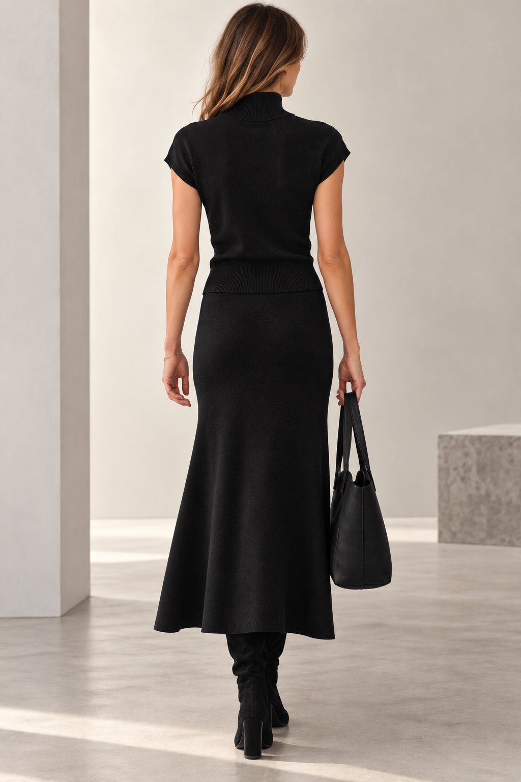 ENSEMBLE MAILLE COL MONTANT & JUPE LONGUE NOIR – Image 2