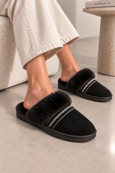 CHAUSSONS MULES FOURRÉS SUÉDINE NOIR