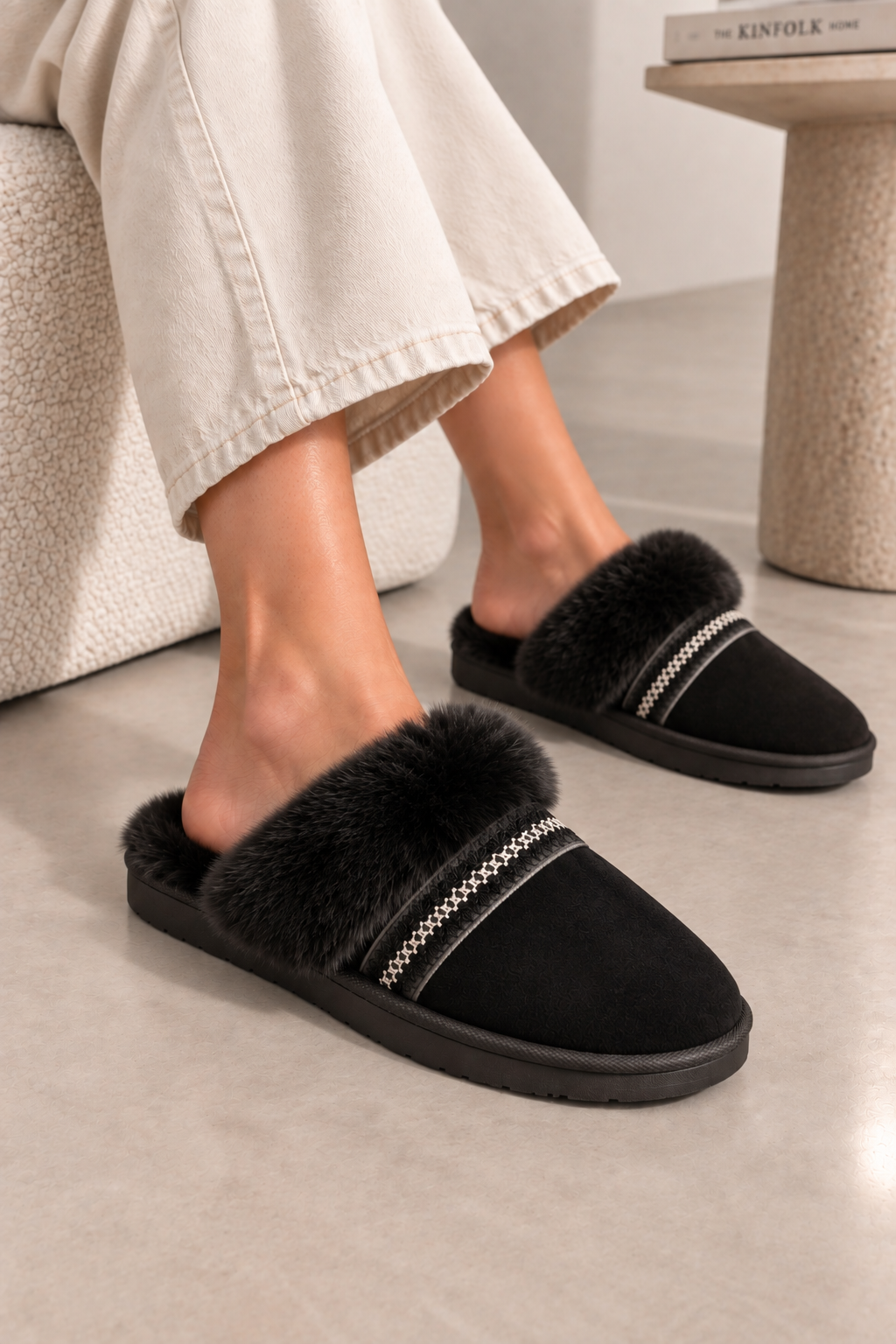 CHAUSSONS MULES FOURRÉS SUÉDINE NOIR