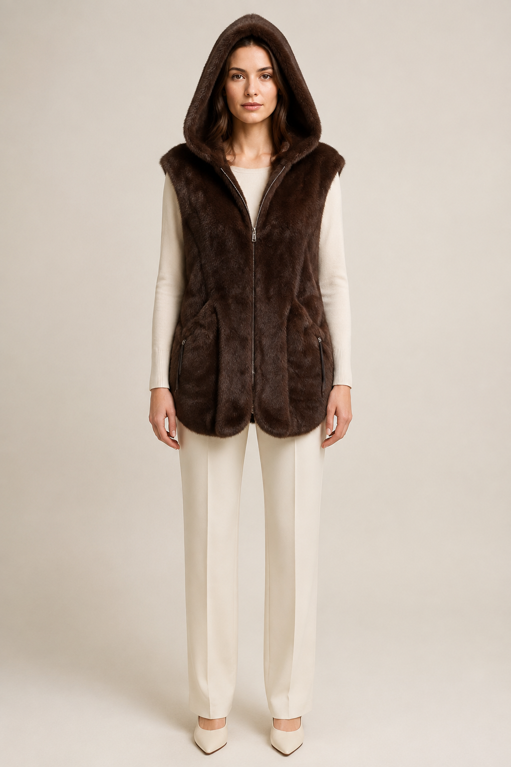 GILET SANS MANCHES EN FAUSSE FOURRURE MARRON – Image 2