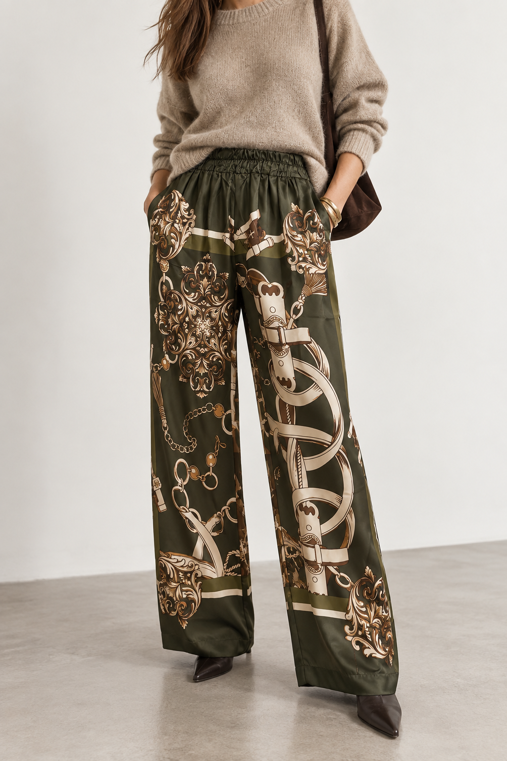Pantalon large en viscose – Imprimé chaînes kaki