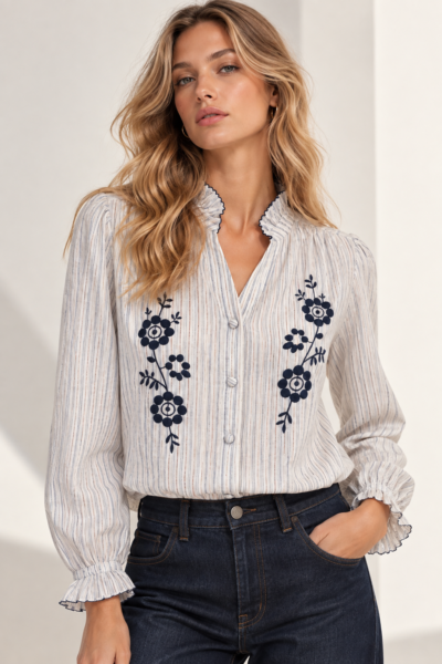 Chemisier rayé brodé en coton bleu
