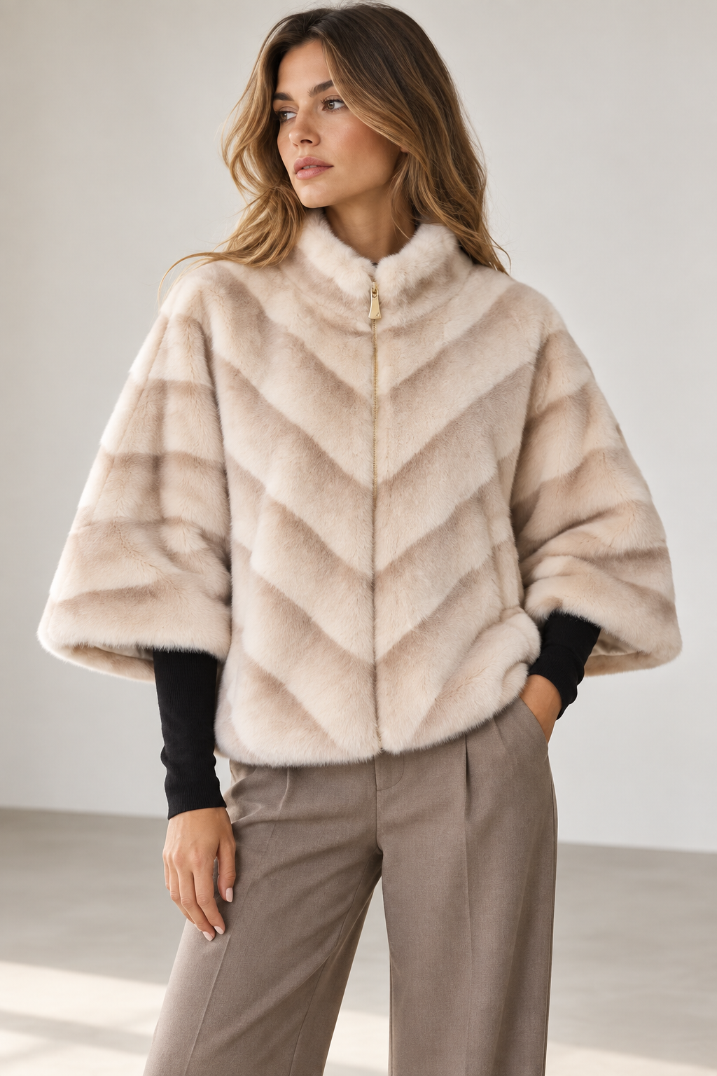 Blouson zippé effet fourrure – Taille unique BEIGE