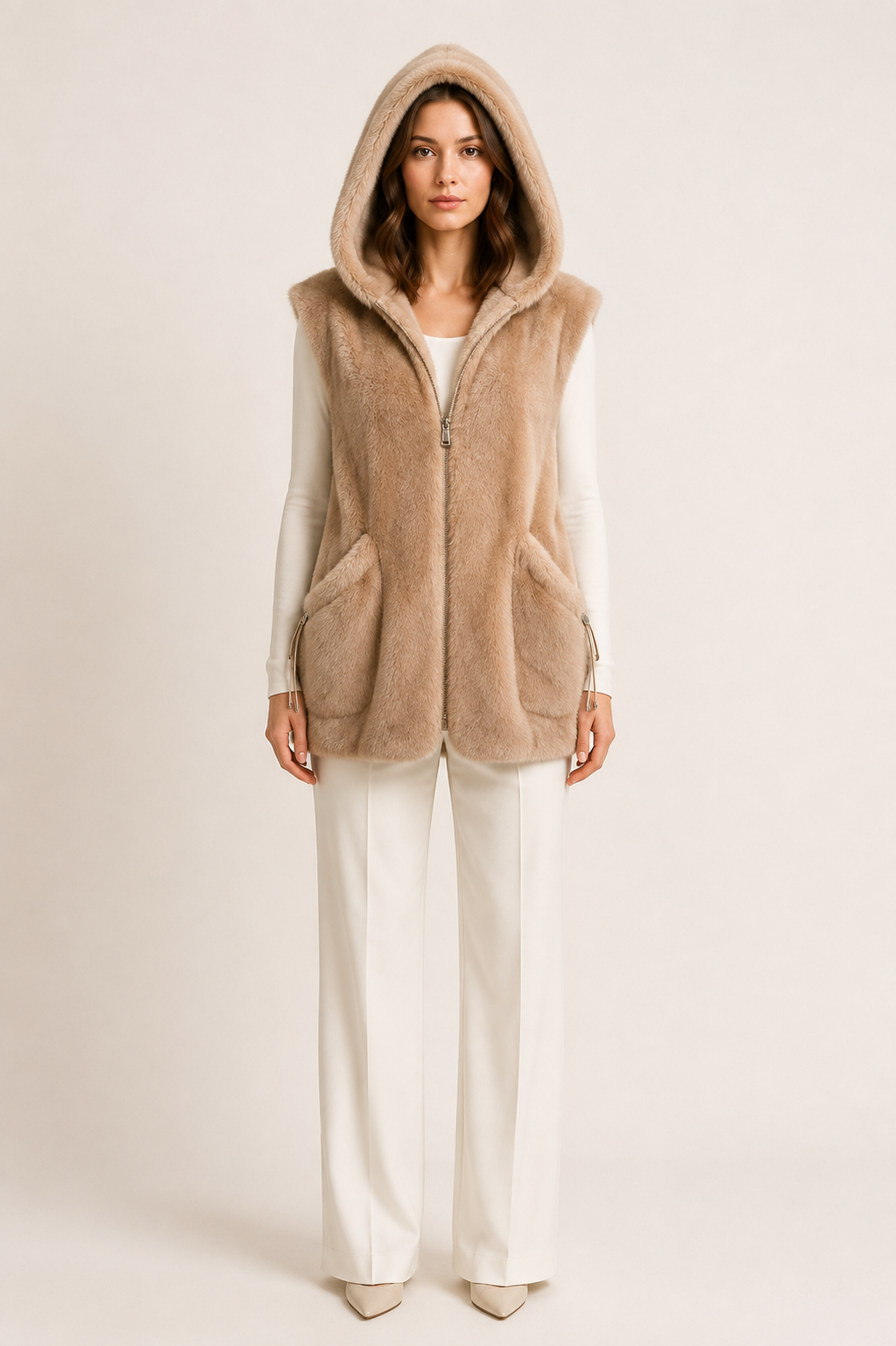 GILET SANS MANCHES EN FAUSSE FOURRURE BEIGE – Image 3