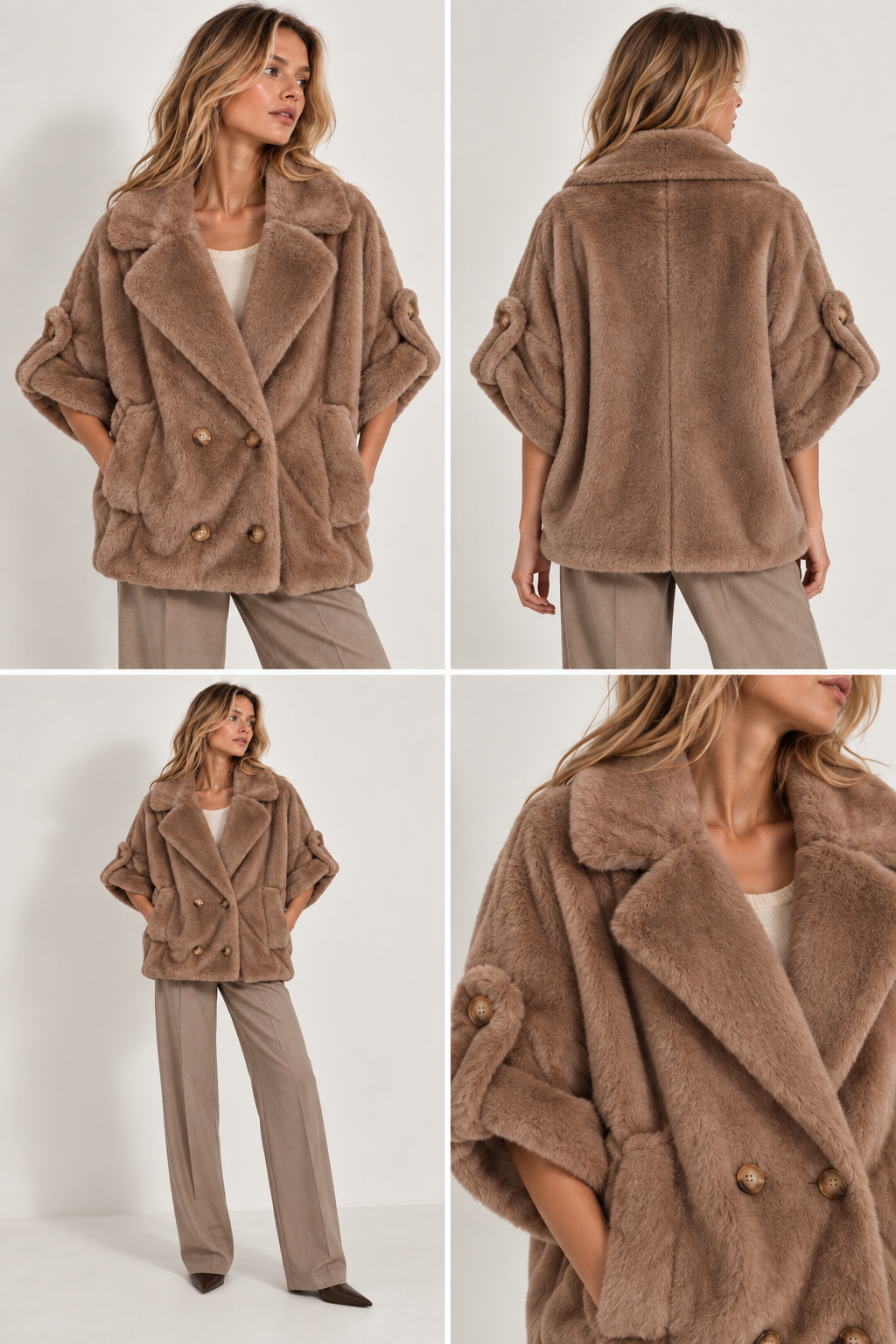 VESTE FOURRÉE EFFET FOURRURE – MANCHES 3/4 TAUPE – Image 3