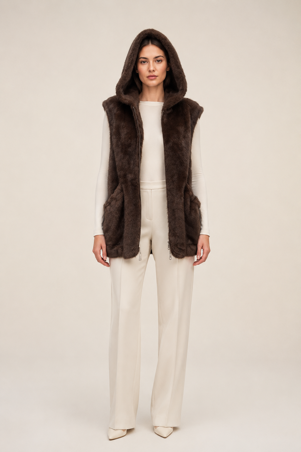 GILET SANS MANCHES EN FAUSSE FOURRURE MARRON – Image 3