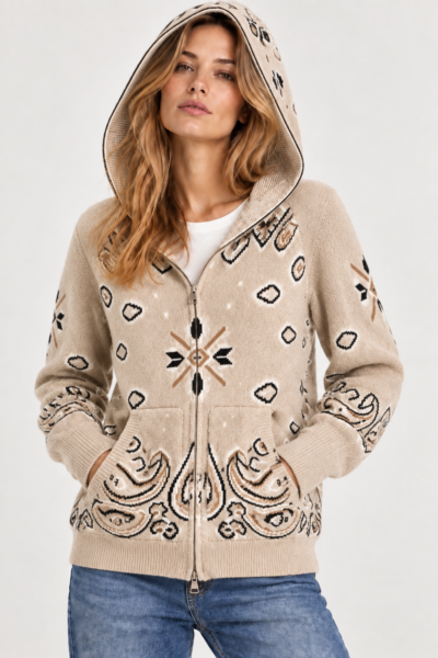 GILET À CAPUCHE ZIPPÉ IMPRIMÉ  BANDANA TAUPE