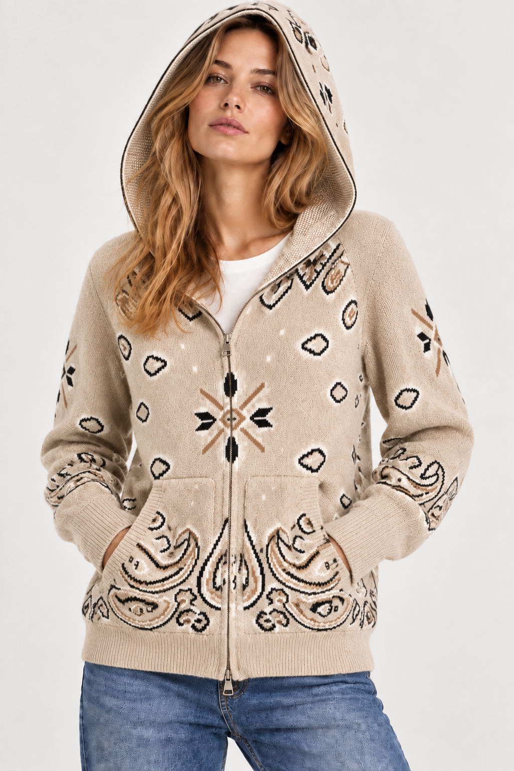 GILET À CAPUCHE ZIPPÉ IMPRIMÉ BANDANA TAUPE