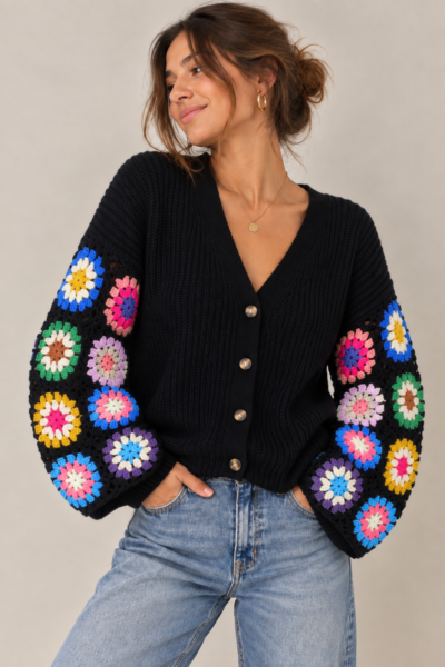 GILET EN MAILLE À MANCHES CROCHET MULTICOLORES NOIR