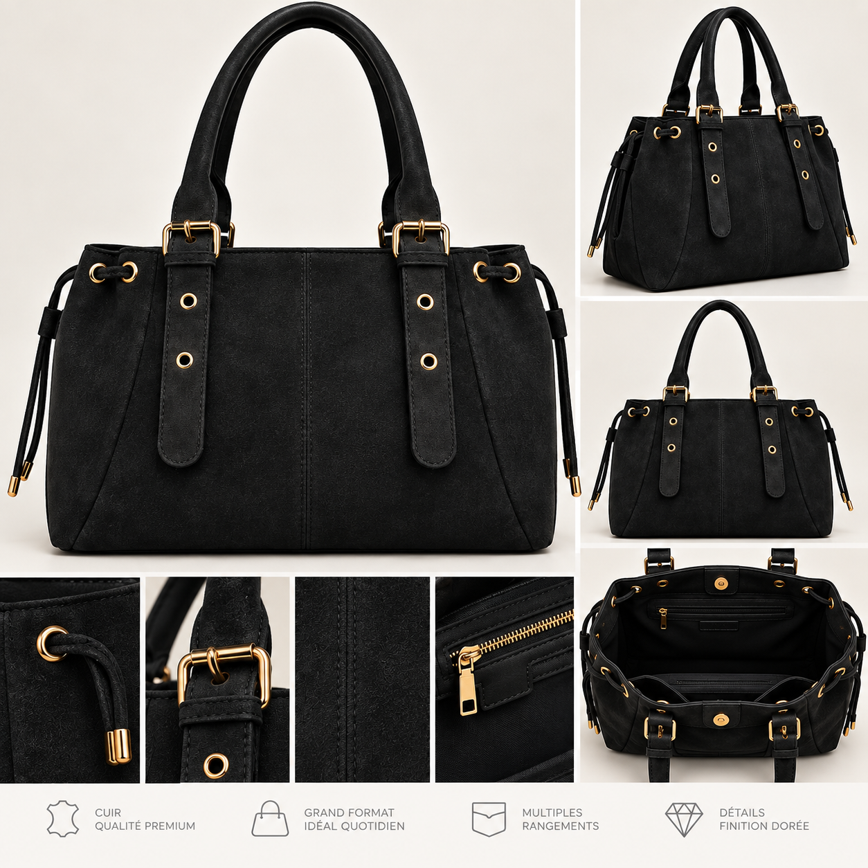 SAC CABAS EN SUÉDINE – GRAND FORMAT NOIR – Image 2