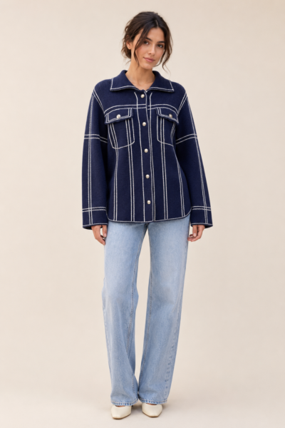 GILET EN MAILLE À SURPIQÛRES CONTRASTANTES MARINE