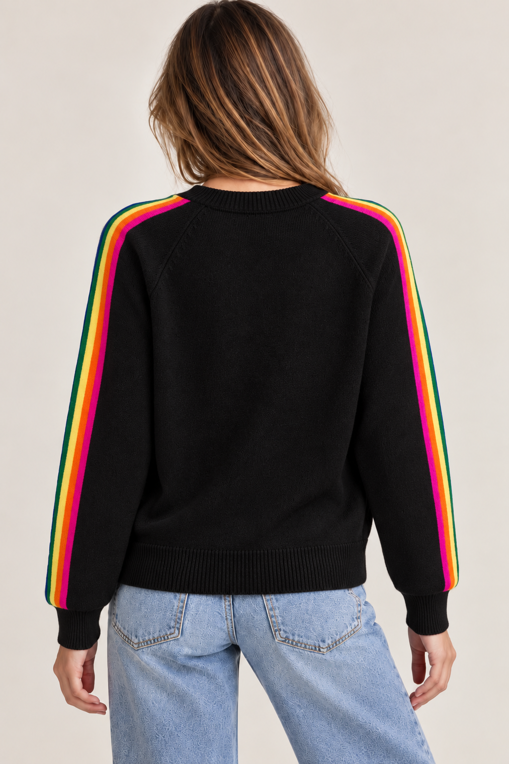 PULL EN MAILLE À BANDES MULTICOLORES NOIR – Image 2