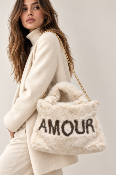 Sac doudou en fausse fourrure « AMOUR » Beige