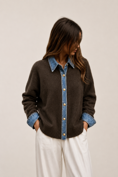 GILET EN MAILLE BOUTONNÉ À DÉTAILS EN DENIM Marron