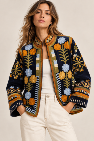 VESTE EN VELOURS BRODÉ – MARINE