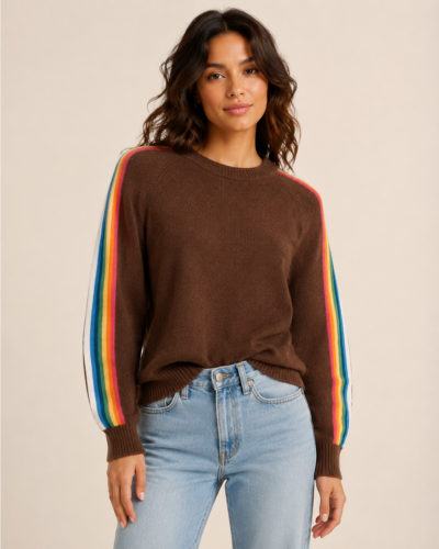 PULL EN MAILLE À BANDES MULTICOLORES MARRON