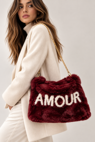Sac doudou en fausse fourrure « AMOUR » Bordeau