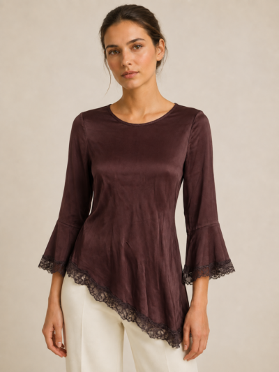 Haut satiné asymétrique à dentelle marron