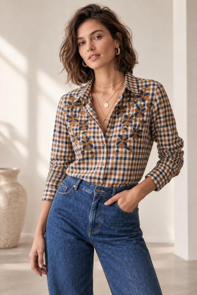 CHEMISE À CARREAUX BRODÉE BLEU ET MARRON