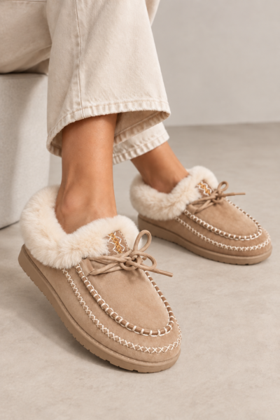 MOCASSINS FOURRÉS À LACETS BEIGE