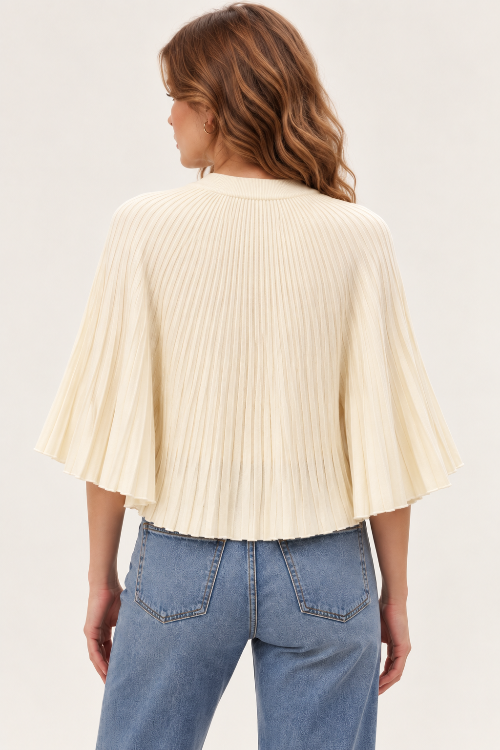 PULL PONCHO PLISSÉ BOUTONNÉ ECRU – Image 2