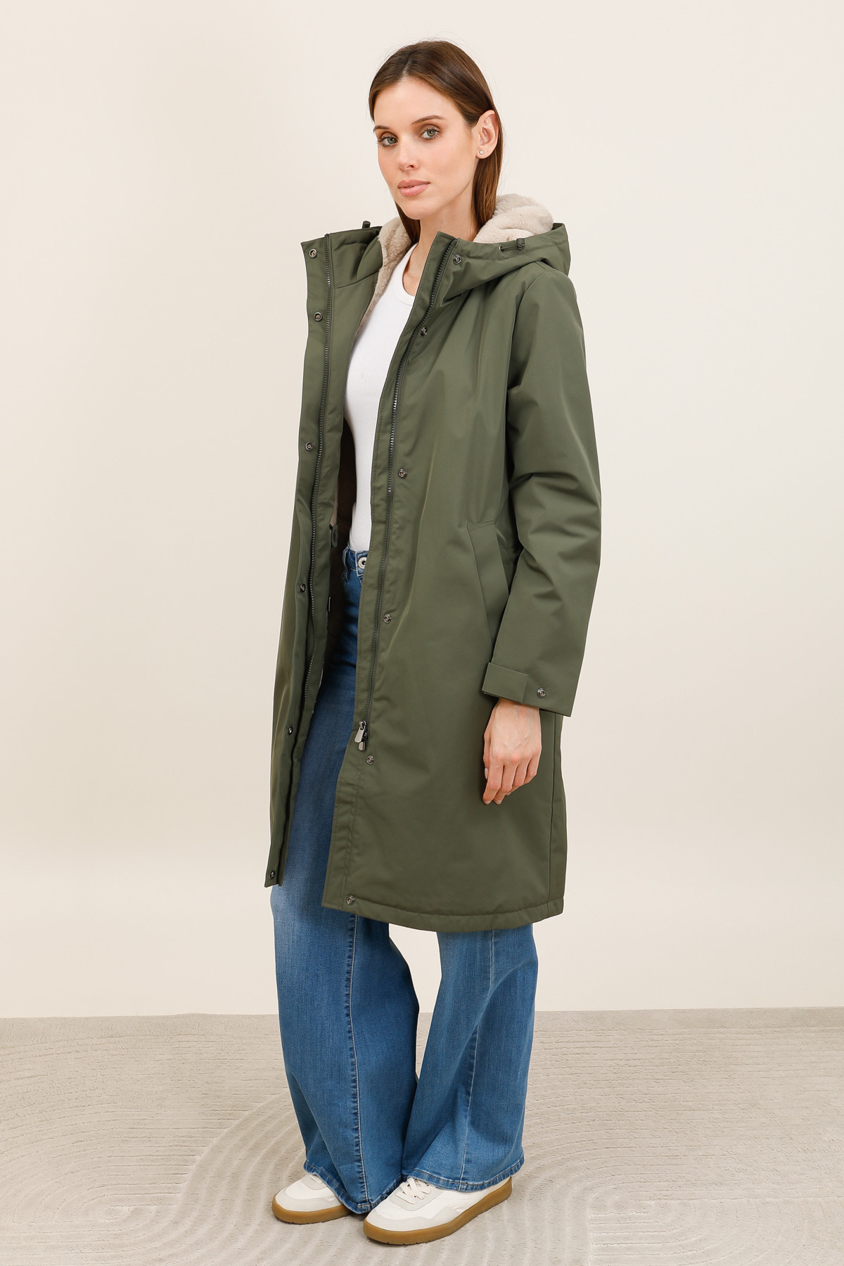 IMPERMÉABLE LONG LAURA JO – DOUBLURE FOURRURE KAKI – Image 2