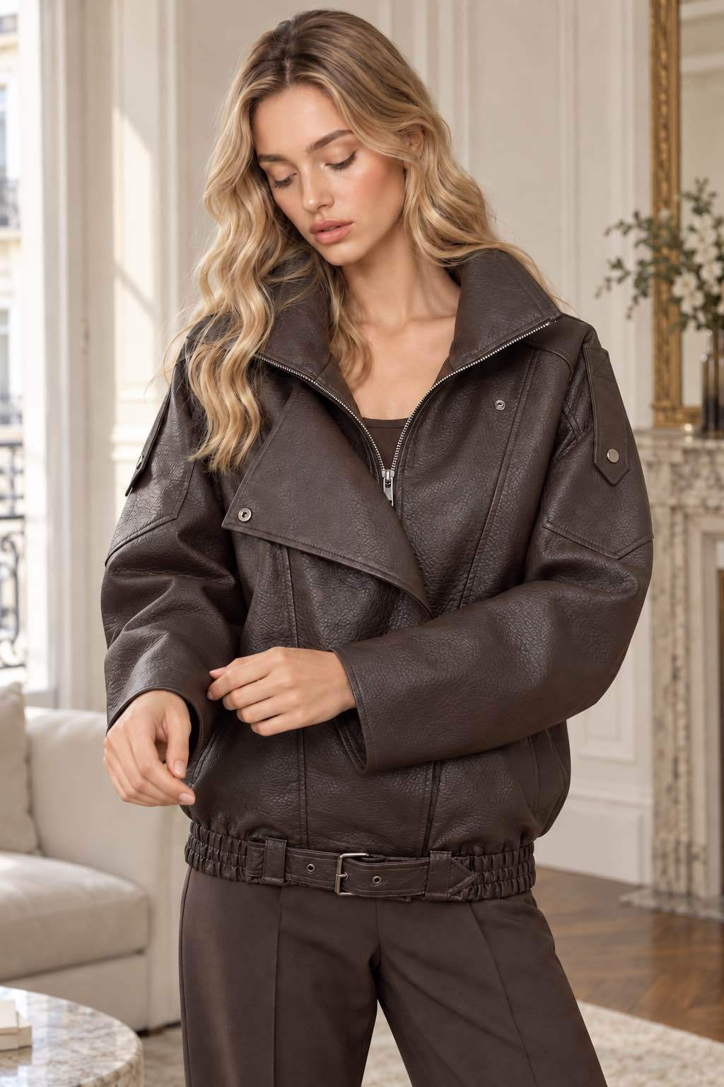 VESTE EFFET CUIR – COUPE OVERSIZE MARRON