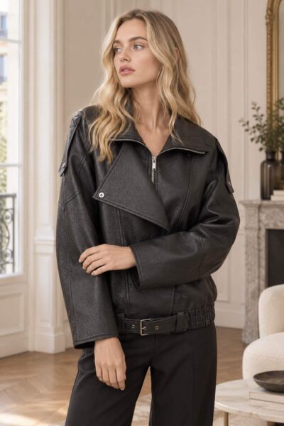 VESTE EFFET CUIR – COUPE OVERSIZE NOIR