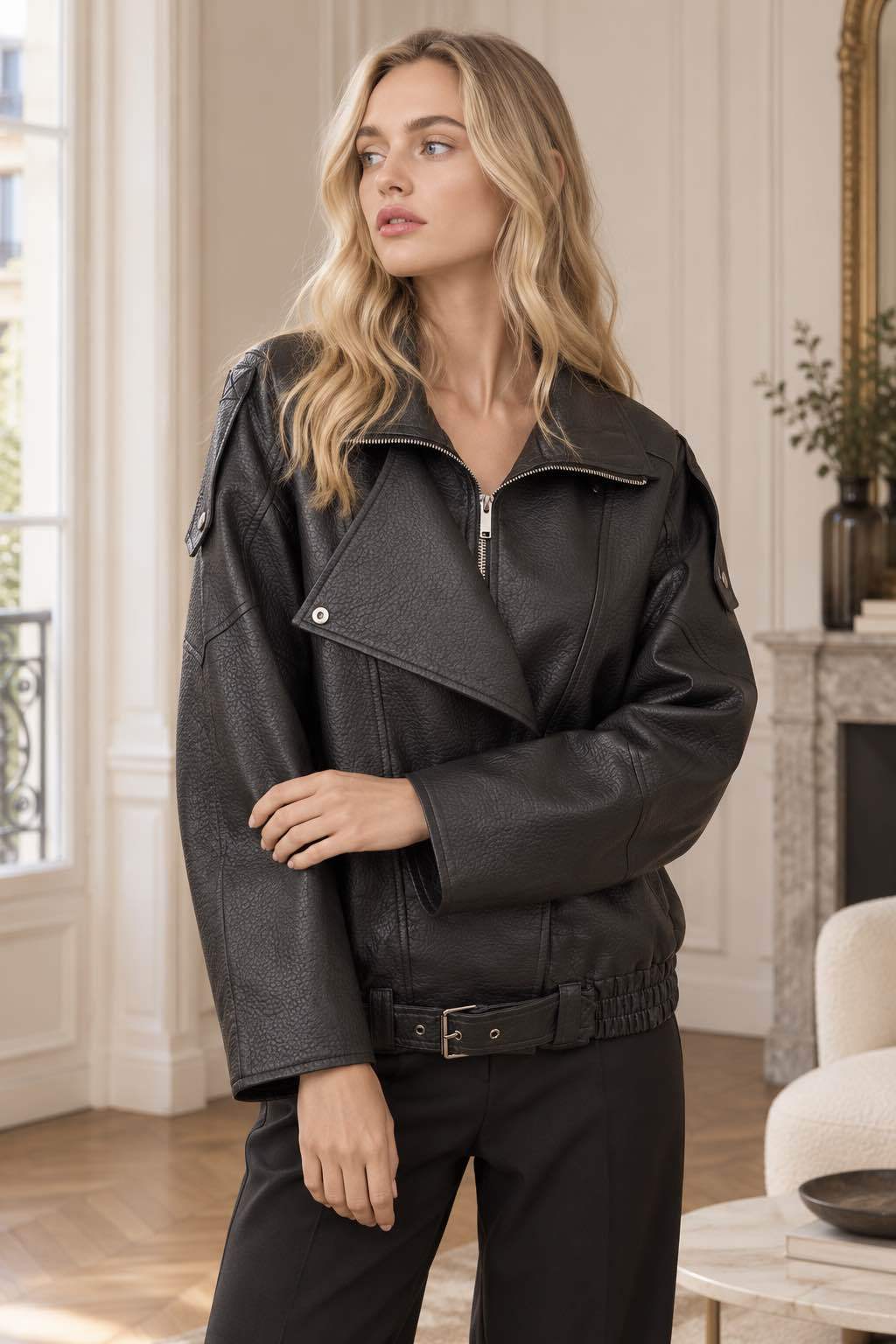 VESTE EFFET CUIR – COUPE OVERSIZE NOIR