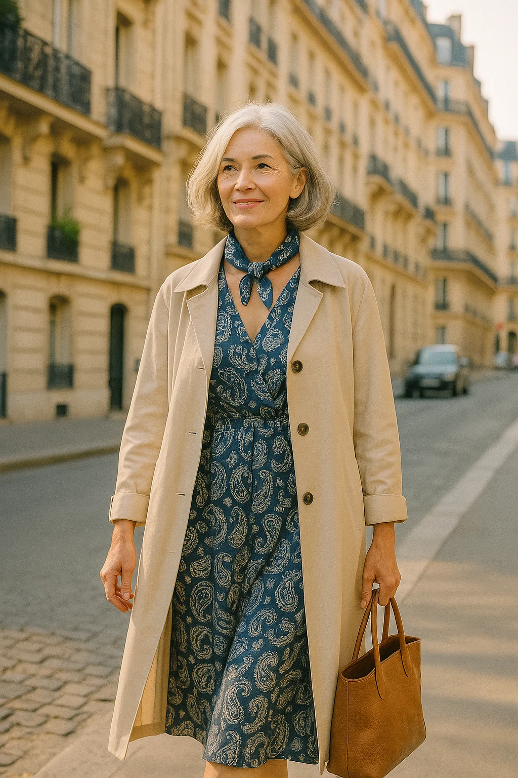 Comment s'habiller à 60 ans femme : femme élégante aux cheveux gris en robe paisley et trench dans une rue de Passy, Paris