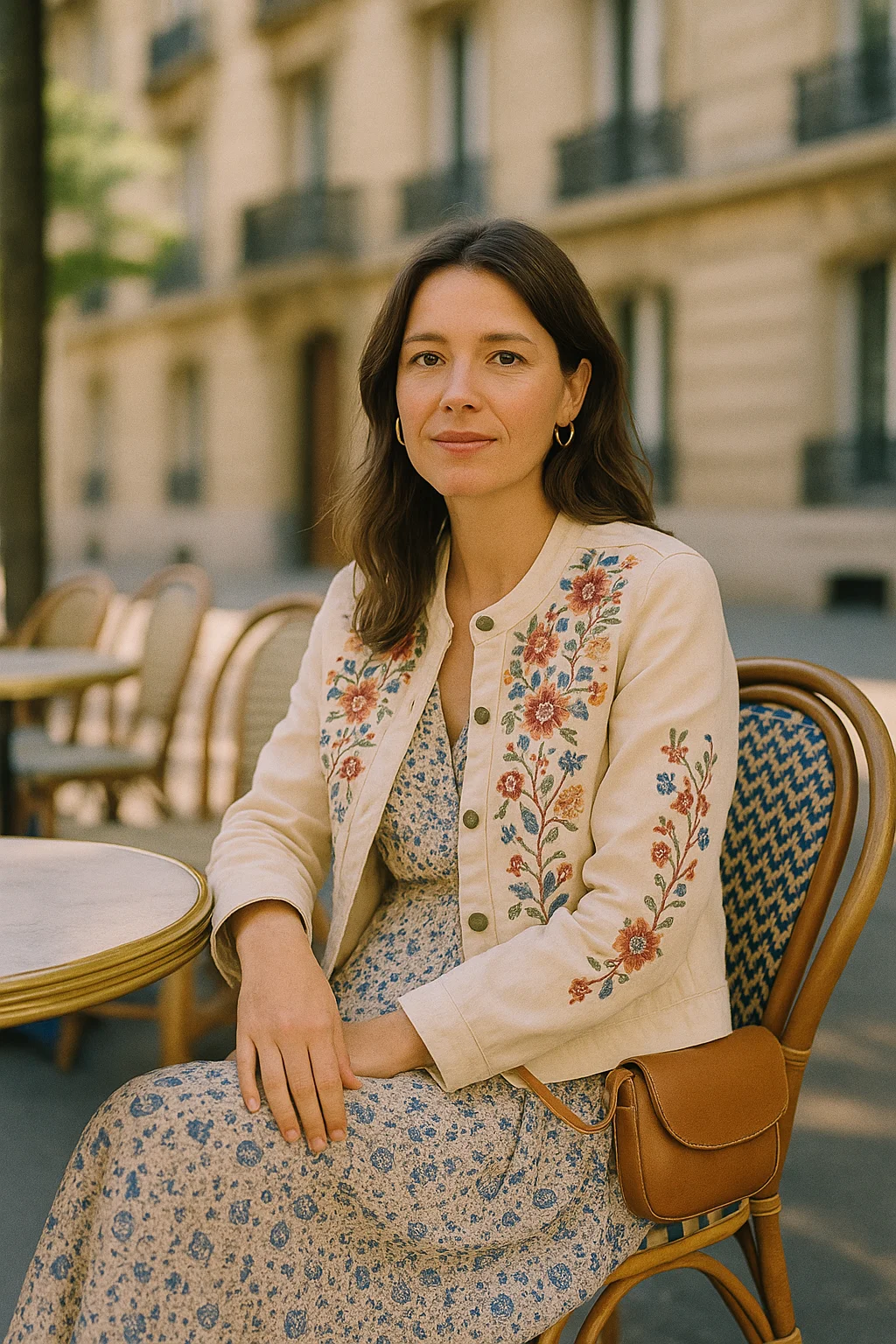 Marques comme Sézane à petit budget : veste brodée et robe fleurie en terrasse de café à Paris 16e
