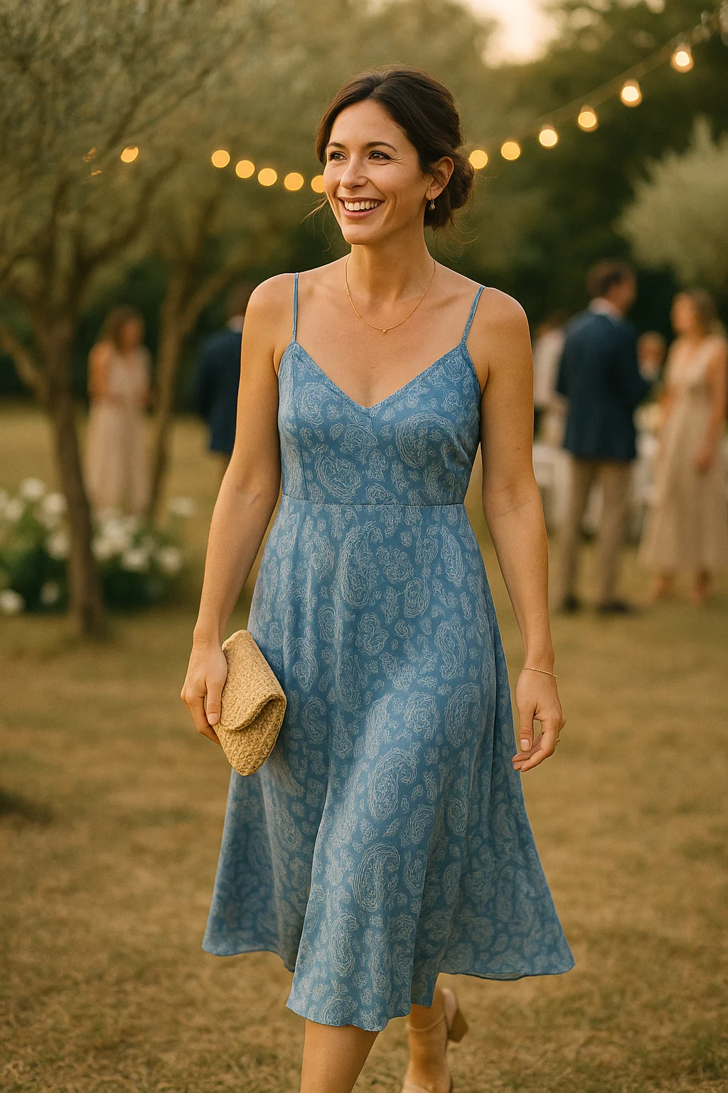 Tenue mariage été invitée : robe longue satin bleu imprimé, pochette raphia et sandales lors d'un mariage champêtre