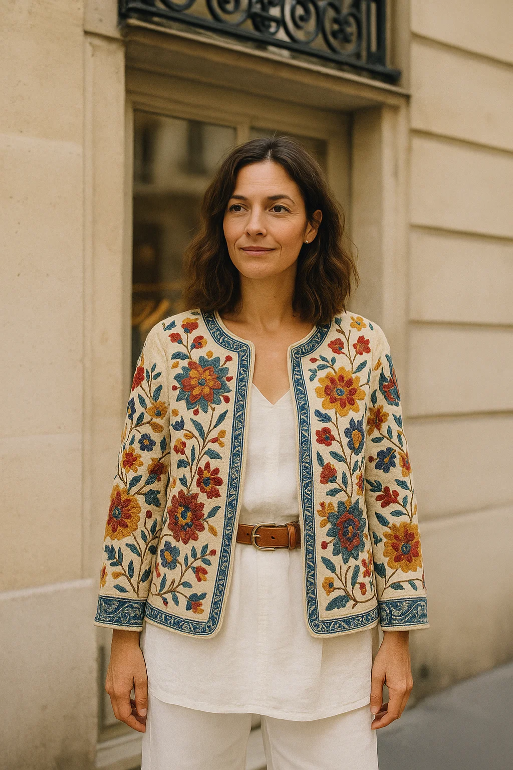 Veste brodée femme : veste crème brodée de fleurs multicolores portée sur une robe en lin blanc, rue de Passy