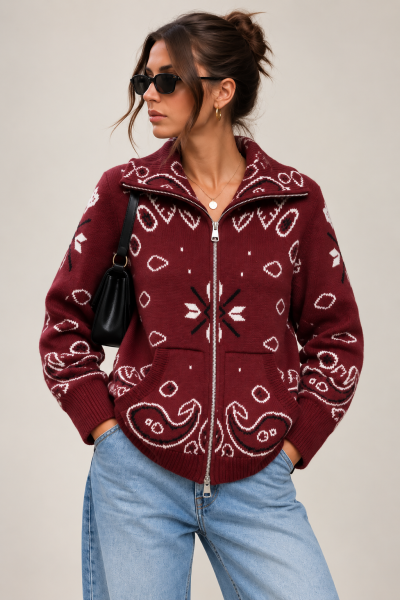 Gilet zippé à imprimé bandana – Bordeaux