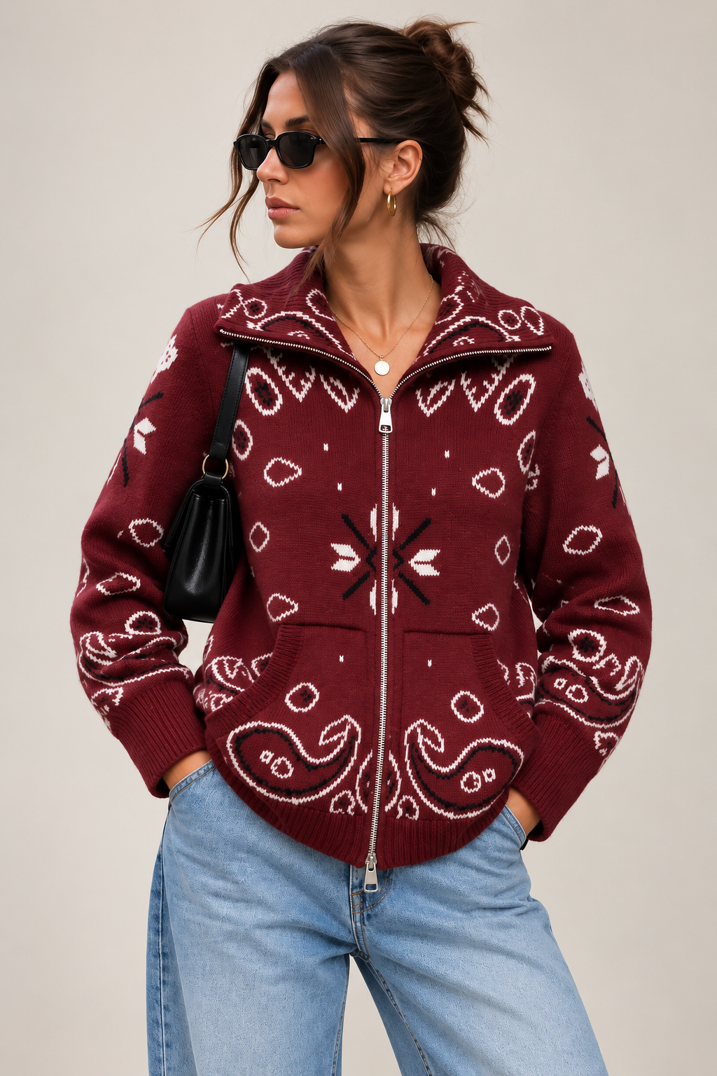 Gilet zippé à imprimé bandana – Bordeaux