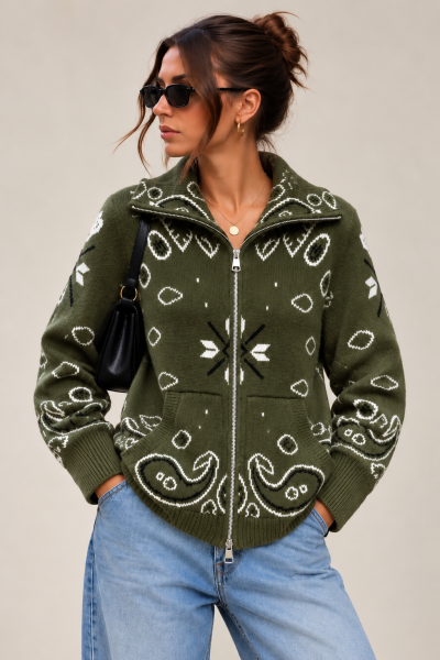 Gilet zippé à imprimé bandana – Kaki