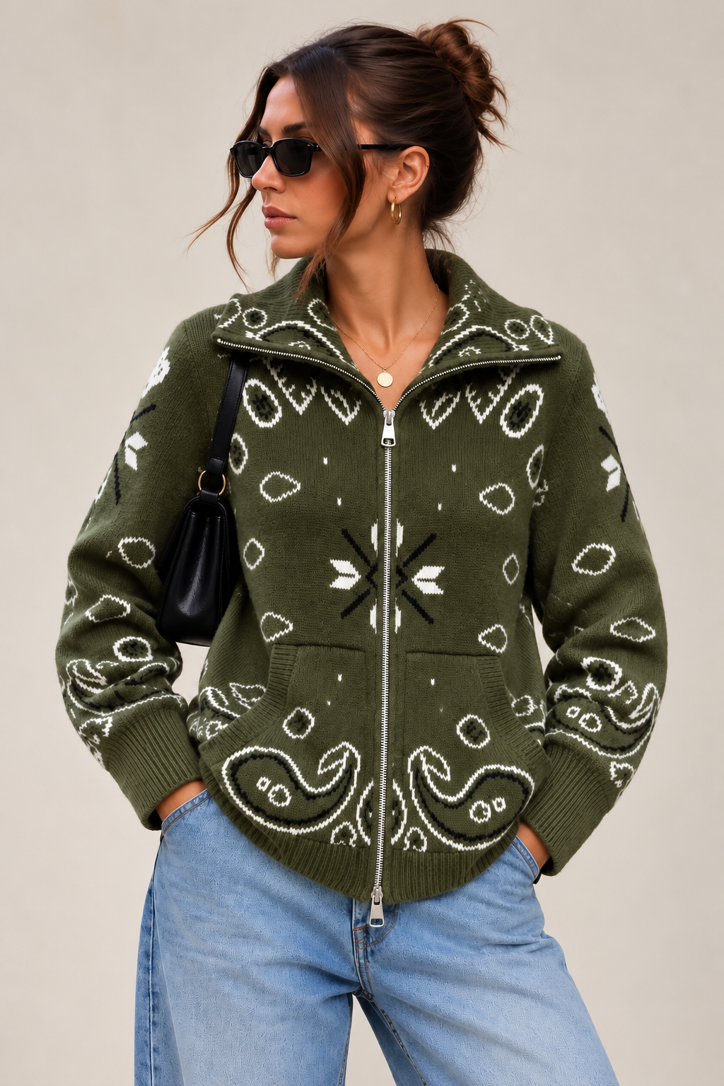 Gilet zippé à imprimé bandana – Kaki
