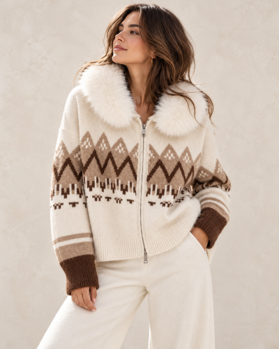 Gilet Jacquard à Capuche Beige Effet Fourrure