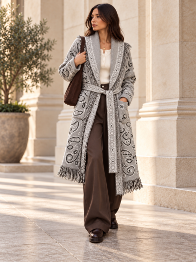 GILET LONG JACQUARD À MOTIFS BANDANA ET FRANGES – GRIS